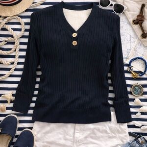 Lauren Jeans Company Ribbed Knit Sweater Wms P/L Black Long Sleeve V-Neck